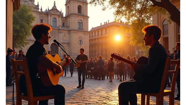 Ilustración de un pequeño concierto local con personas disfrutando