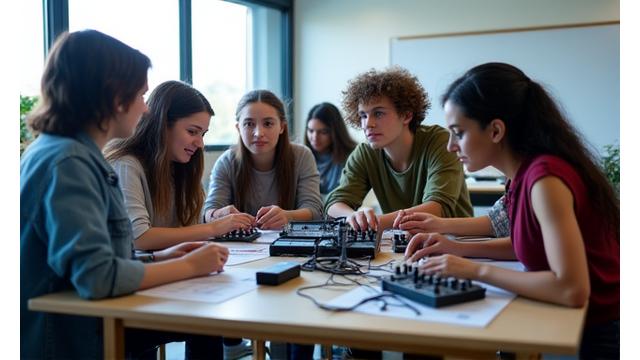 Grupo de estudiantes aprendiendo sobre equipos de audio en un taller práctico