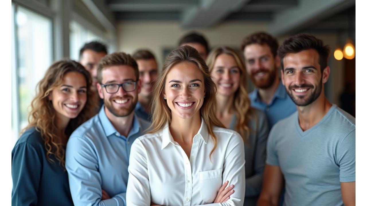 Foto de grupo del equipo de SoundRent Pro sonriendo y posando en su oficina moderna