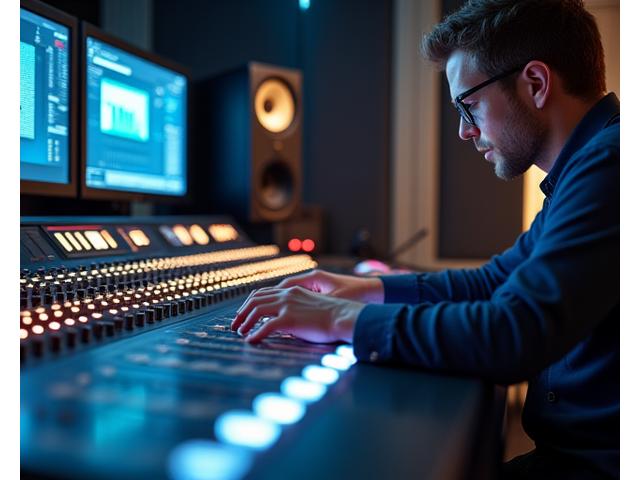 Ingeniero de sonido trabajando en una consola de mezcla profesional