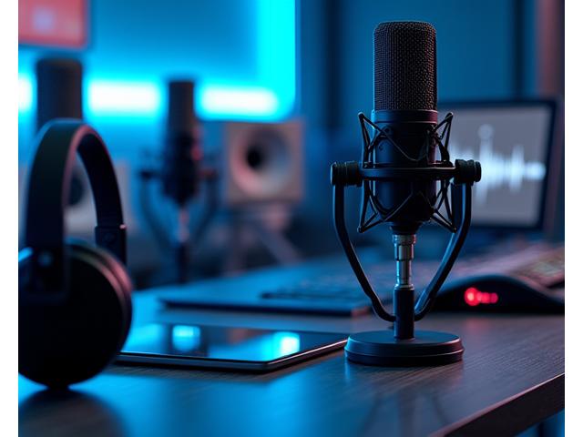 Mesa de estudio de podcast con micrófonos y equipo de transmisión