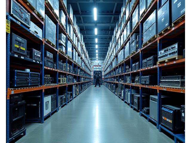 Almacén moderno de equipos musicales con operarios y estanterías organizadas