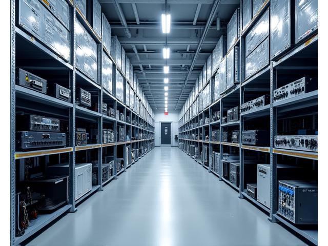 Interior de un almacén de alta tecnología con estanterías de equipos musicales