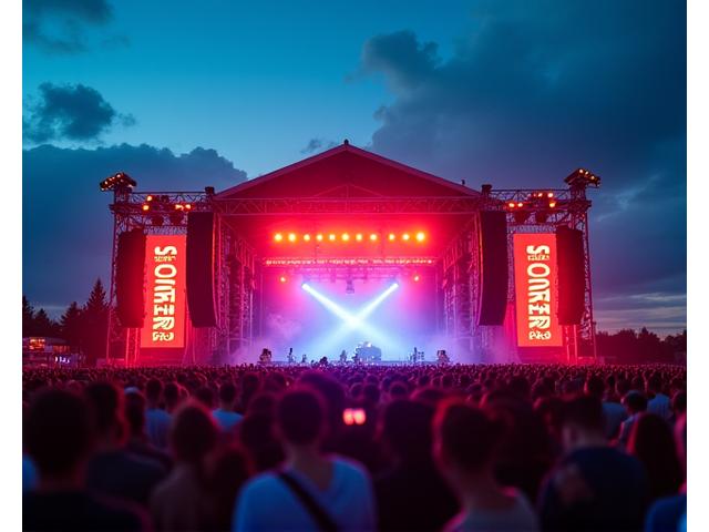 Escenario de festival de música con SoundRent Pro banners y multitudes