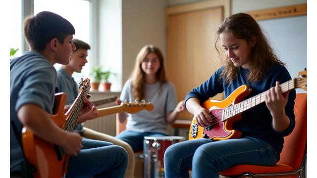 Jóvenes músicos practicando en una academia de música privada con instrumentos de alta calidad