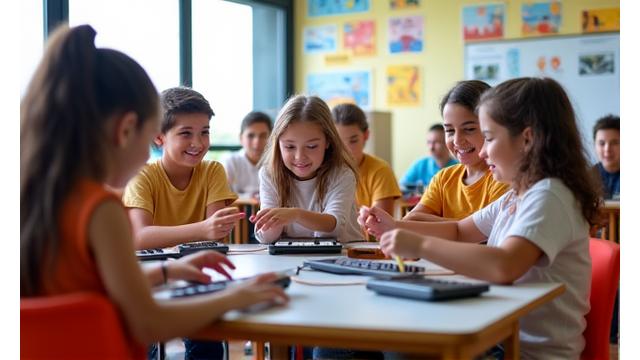 Estudiantes entusiastas usando instrumentos musicales en un aula luminosa en el Colegio Internacional