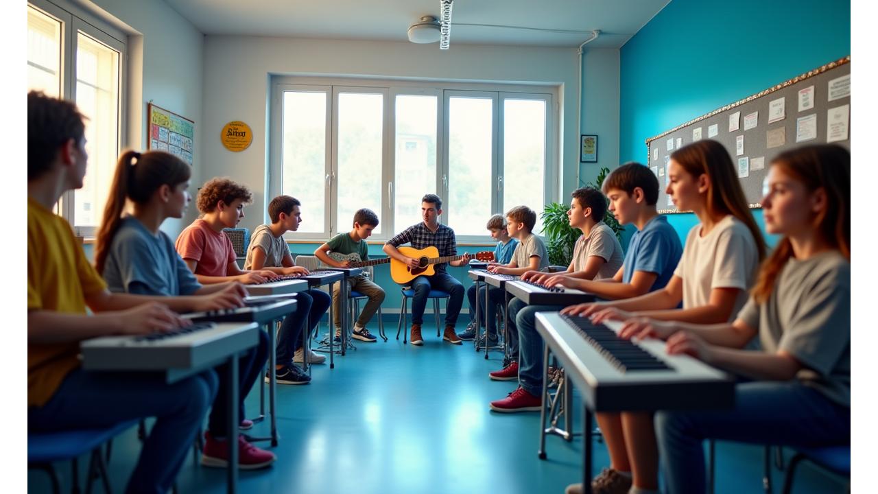 Aula de música moderna con estudiantes y profesor interactuando con instrumentos musicales diversos