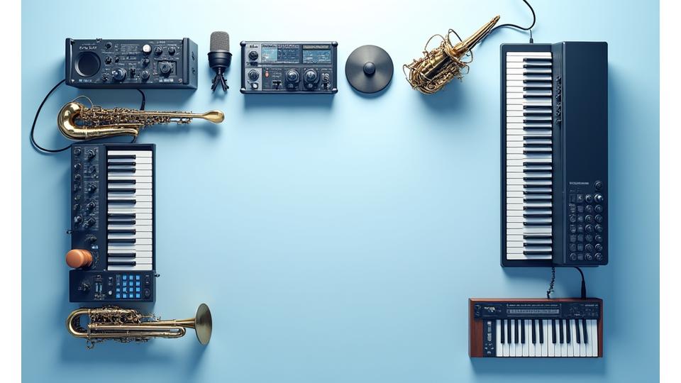 Diversos instrumentos musicales organizados en grupos, representando diferentes paquetes educativos.