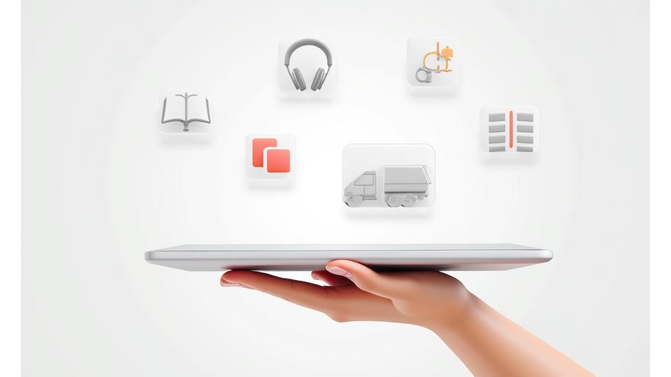 Mano sosteniendo una tablet con calendario de planificación y una interfaz de soporte, rodeada de iconos de servicio