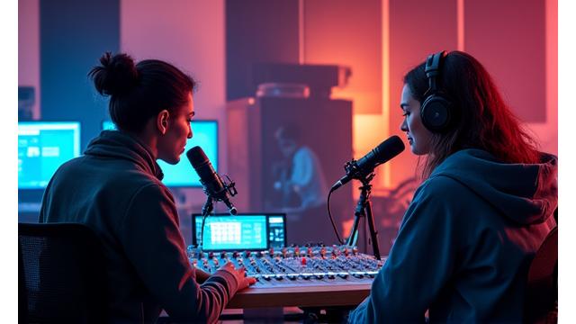 Estudiantes de producción musical trabajando en un estudio de grabación moderno en la Universidad Complutense