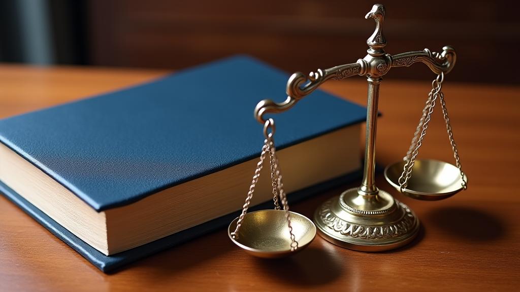 Imagen conceptual de un libro de leyes abierto junto a una balanza, simbolizando la justicia y la normativa legal española.