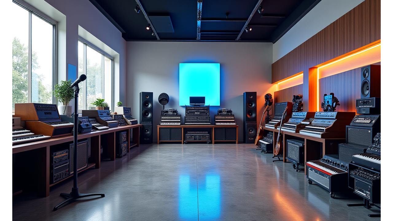 Interior de un moderno showroom de equipos musicales con instrumentos y luces ambientales