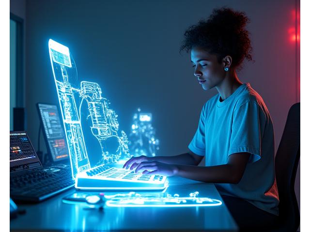 Representación de hologramas de equipos futuros como sintetizadores modulares y micrófonos de nueva generación, con un músico visualizando.