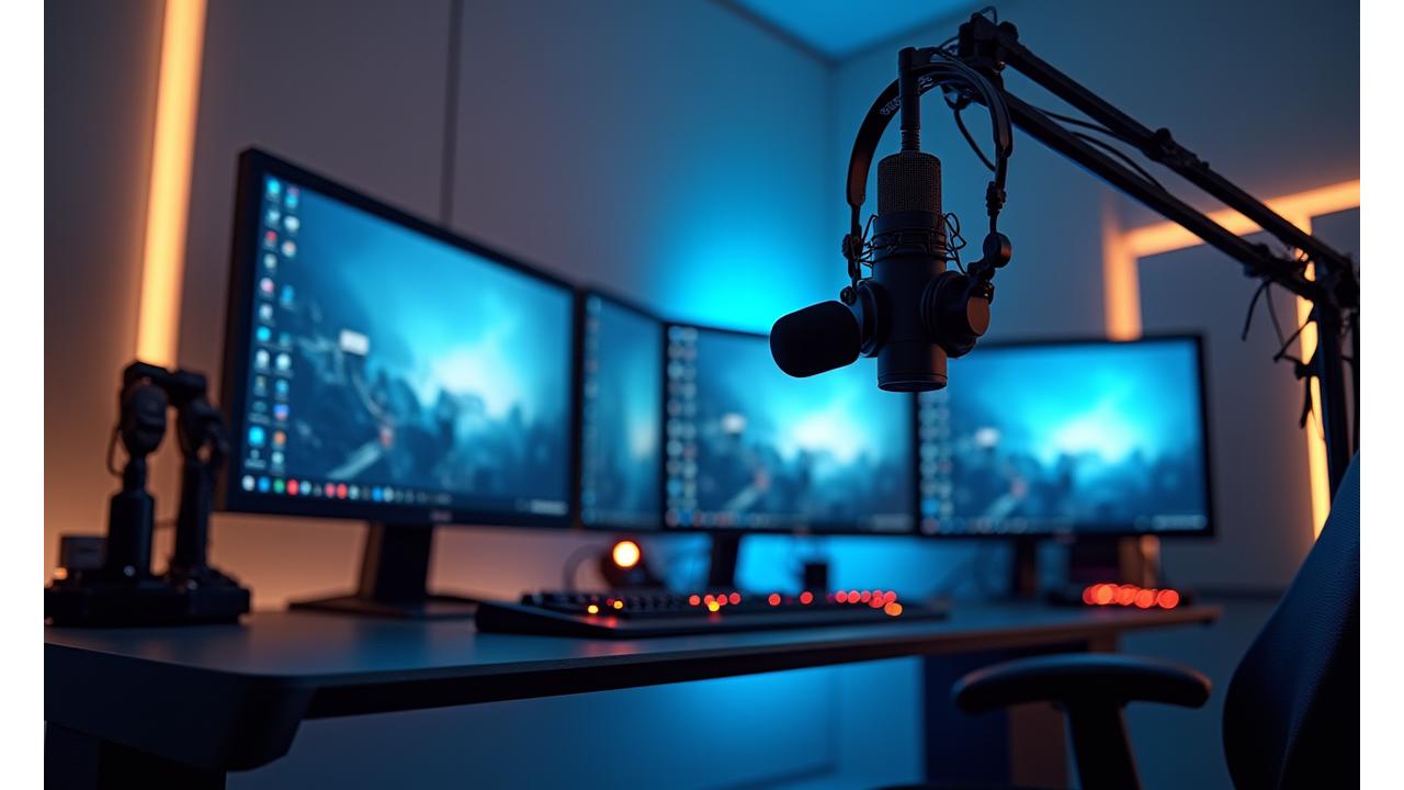 Setup completo de estudio de podcasting y streaming con micrófono de condensador, auriculares, interfaz de audio y luces LED.