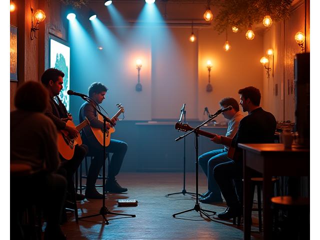 Pequeño concierto íntimo en un bar de jazz con un músico tocando y un sistema de sonido compacto pero de alta fidelidad.