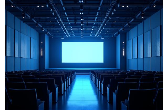 Gran salón de conferencias con un podio iluminado, pantallas de proyección y un sistema de sonido distribuido con altavoces de techo para una cobertura uniforme.