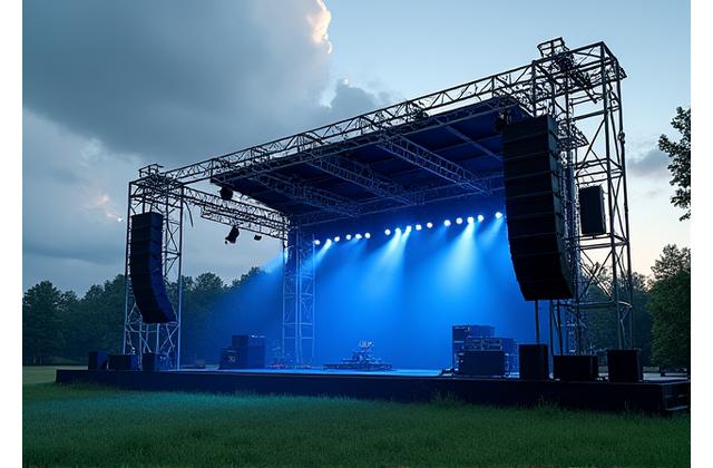 Escenario de concierto al aire libre con sistema de line array colgado, robustas estructuras de truss y protección contra la intemperie, bajo un cielo despejado.