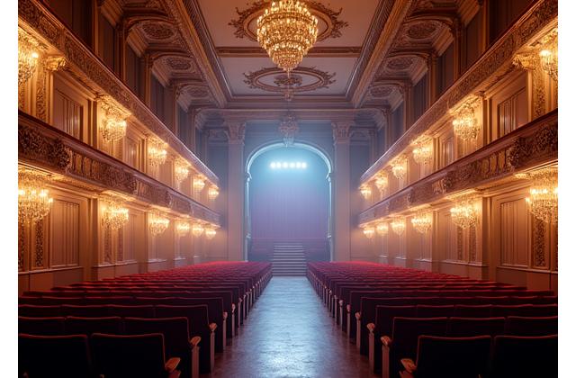 Antiguo teatro o palacio con techos altos y detalles arquitectónicos ornamentados, donde el equipo de sonido se integra de forma no invasiva y estéticamente cuidada.