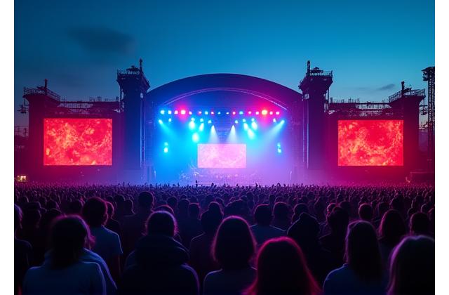 Gran escenario de festival al aire libre iluminado por focos, con miles de personas disfrutando de un concierto.