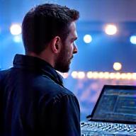 Ingeniero de sonido de FOH concentrado en la mesa de mezclas digital durante un concierto en vivo, con auriculares.