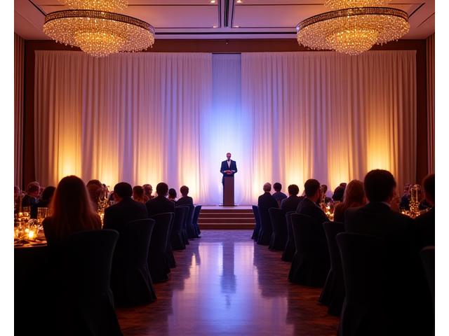 Elegante salón de banquetes durante una gala corporativa, con un escenario bien iluminado y un sonido ambiental discreto y claro.