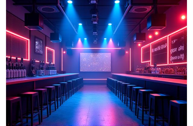 Bar musical moderno con altavoces negros y focos LED instalados de forma permanente en el techo y paredes, creando un ambiente dinámico.