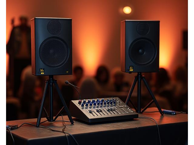 Equipo de sonido básico con dos altavoces PA, un micrófono vocal y una pequeña mesa de mezclas analógica en un escenario íntimo.