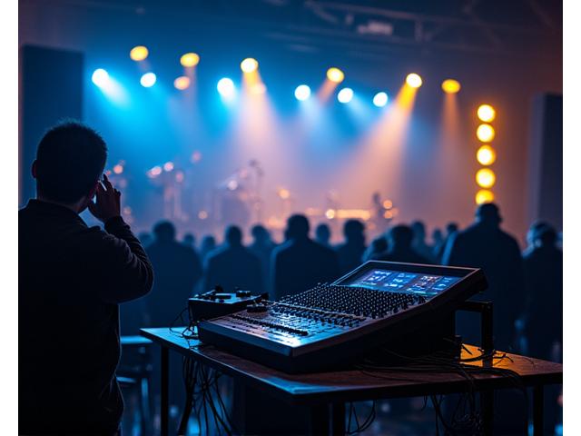 Sistema de sonido profesional con line array colgado, monitores de escenario y un rack de equipos digitales en un concierto mediano.