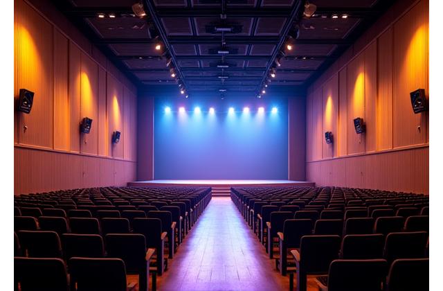 Interior de una sala de conciertos con paneles acústicos, iluminación ambiental y un sistema de sonido optimizado para reverberación, listo para un espectáculo.