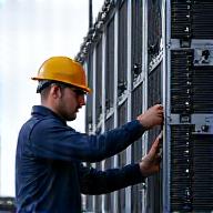 Técnico de sistemas ajustando un altavoz line array con herramientas y un portátil, asegurando la correcta alineación acústica.