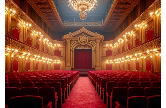 Interior de un antiguo teatro de ópera con una orquesta en el foso y el equipo de sonido discretamente integrado entre la escenografía clásica.