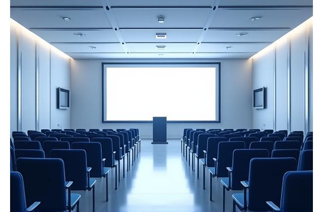 Espacio corporativo moderno con un podio, una pantalla grande y un sistema de sonido discreto e integrado, ideal para conferencias y presentaciones.