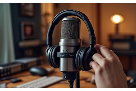 Persona grabando un podcast en un estudio casero