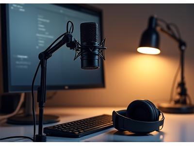 Estación de podcasting con micrófonos y auriculares