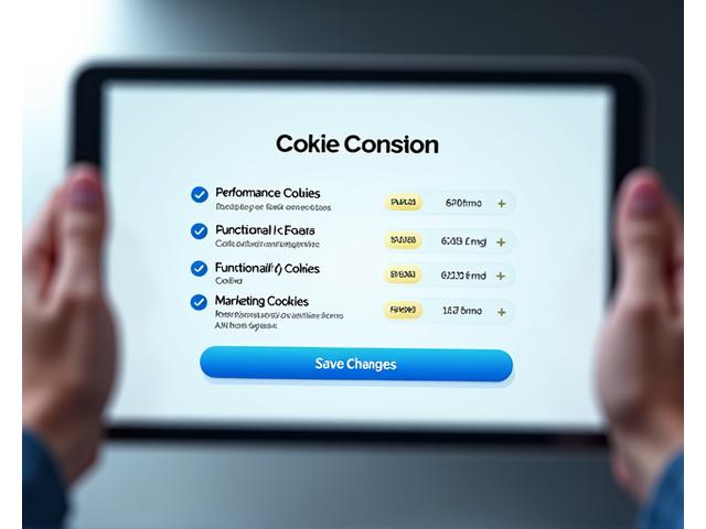 Interfaz de configuración de privacidad con botones de alternancia y casillas de verificación para diferentes tipos de cookies.