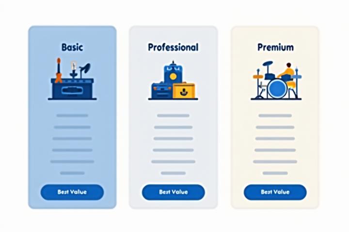 Ilustración de una tabla comparativa de precios con diferentes equipos musicales, resaltando ofertas y descuentos.