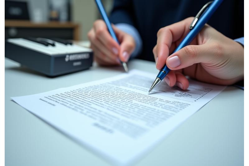 Un contrato de alquiler de equipo musical con un bolígrafo y manos firmando, simbolizando claridad y acuerdo.